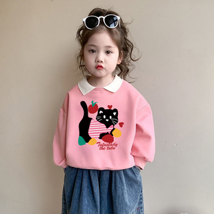 女童卫衣春秋装2025新款儿童polo领上衣韩版卡通猫咪加绒宝宝童装