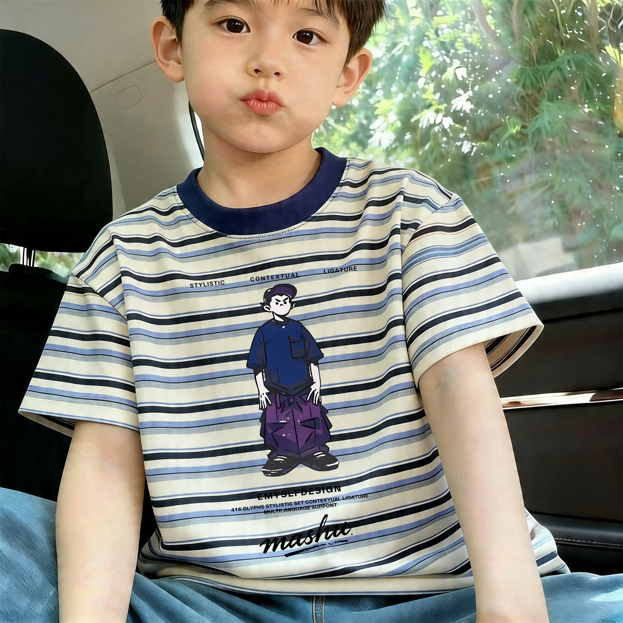 韩范痞帅小男童短袖t恤2026款洋气男孩条纹半袖拼接宝宝夏季上衣
