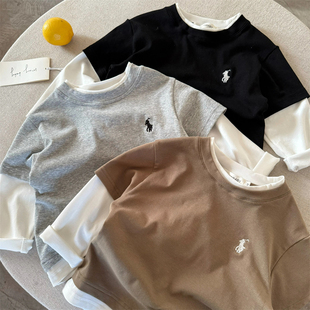 纯棉儿童长袖t恤2026新款男童日系痞帅春秋假两件打底衫宝宝上衣T