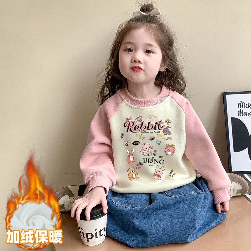 宝宝加绒卫衣女童超好看上衣秋冬款拼色甜美可爱儿童小兔子衣服女