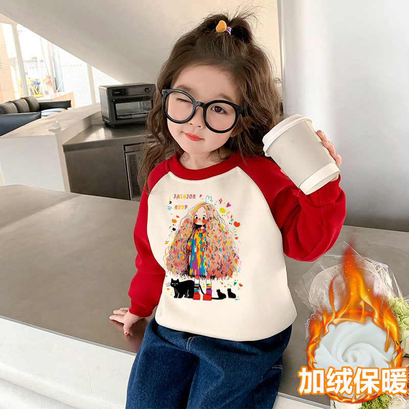 儿童红色卫衣女童加绒上衣秋冬款卡通小女孩插肩长袖圆领宝宝衣服