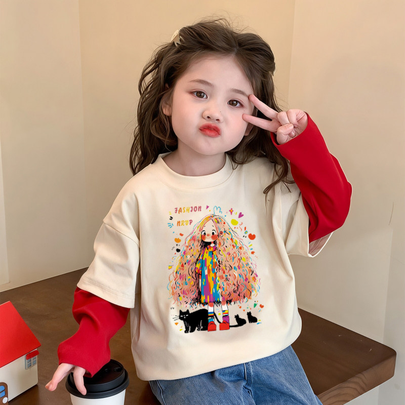纯棉假两件女童长袖t恤洋气儿童拼接打底衫卡通小女孩春秋季上衣T
