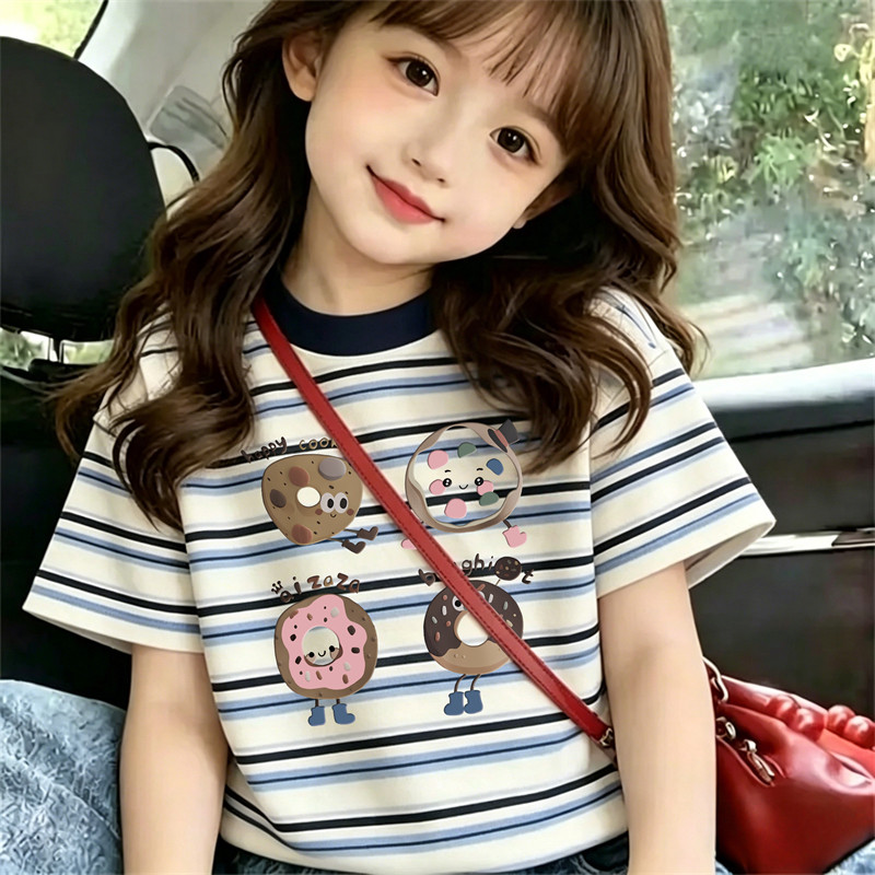 女童条纹短袖t恤2026新款夏季洋气时髦儿童印花半袖宝宝圆领上衣T
