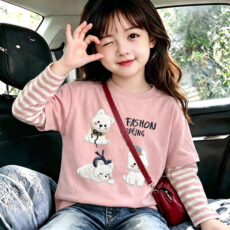 女童甜美假两件长袖t恤2026新款卡通小狗儿童秋装小女孩洋气上衣T
