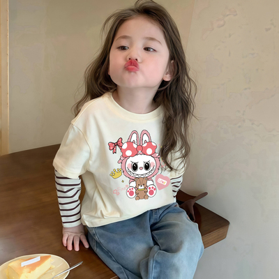 拉布布女童长袖t恤假两件纯棉条纹拼接打底衫女宝宝春秋穿搭上衣