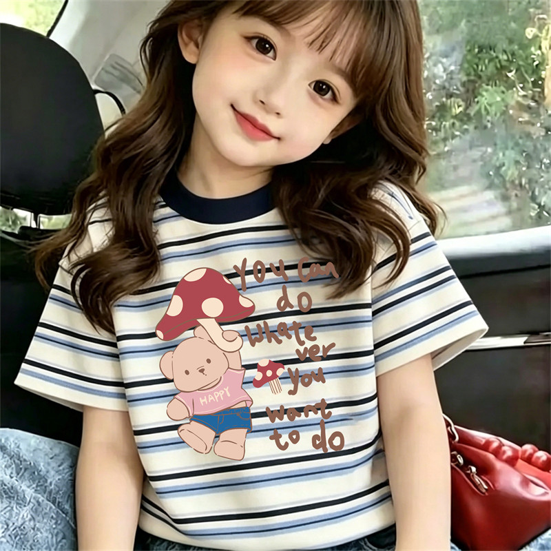 儿童条纹t恤短袖女童夏装2026新款卡通小熊女宝宝超好看韩系上衣T