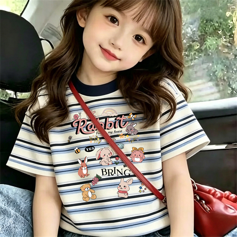 女童条纹短袖t恤日韩风儿童韩系甜美卡通印花半袖女宝宝夏装上衣T