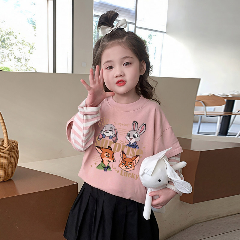 宝宝假两件长袖t恤2026新款儿童洋气卡通撞色打底衫女童春装上衣T