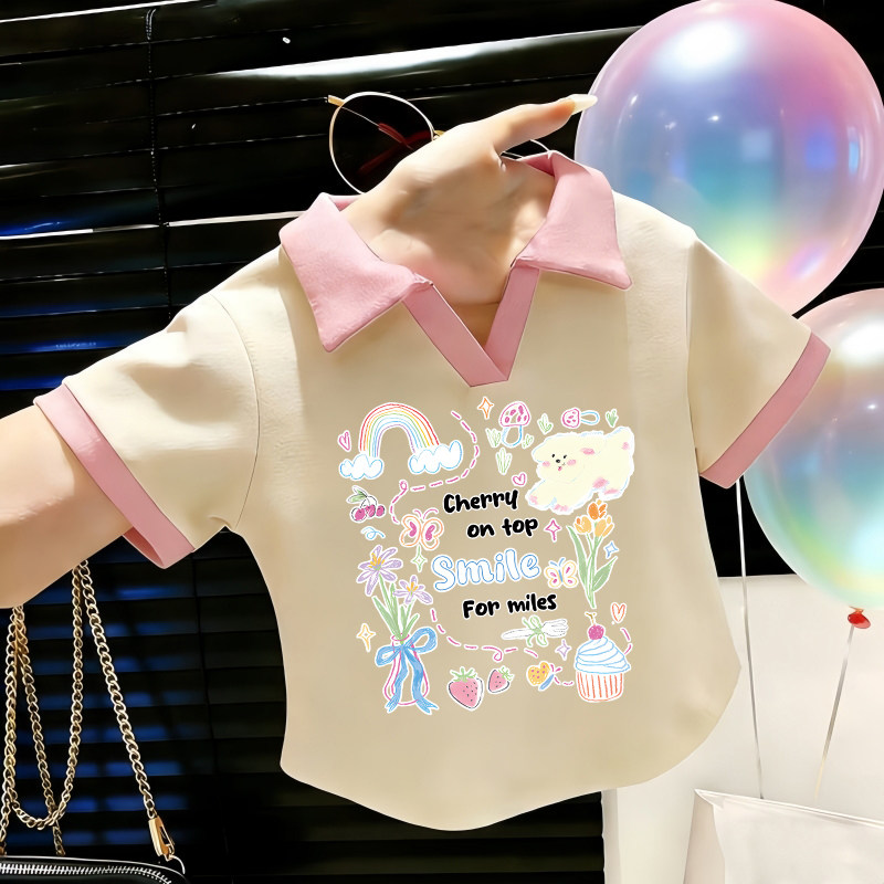 女童短袖t恤纯棉polo衫2026新款洋气时髦儿童拼接V领宝宝夏季上衣