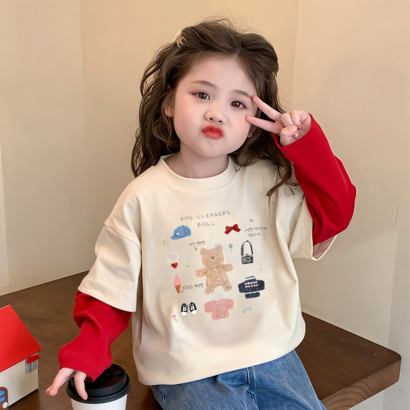 女童t恤长袖纯棉打底衫春秋款2026新款儿童卡通小熊宝宝圆领上衣T