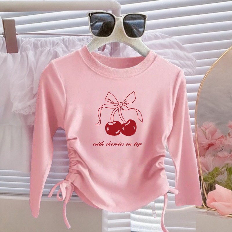 女童抽绳长袖t恤修身纯棉儿童打底衫春秋款洋气宝宝樱桃印花上衣T