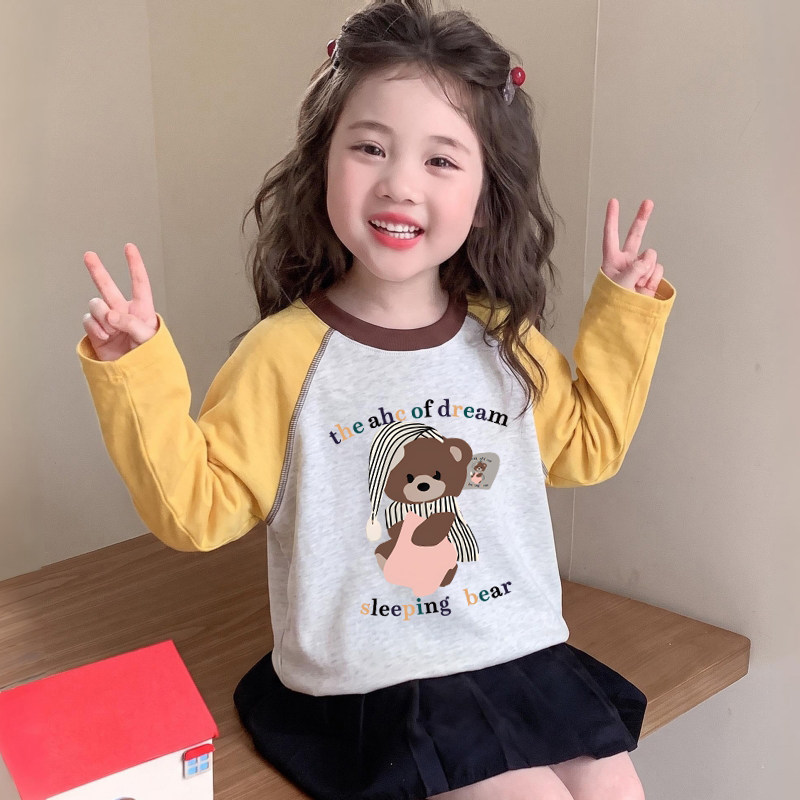儿童春秋韩版洋气长袖纯棉T恤女童插肩袖打底衫宝宝卡通小熊童装