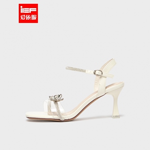 优雅气质蝴蝶结水钻方头一字细跟凉鞋 IEF 法式 新款 爱依服2024夏季