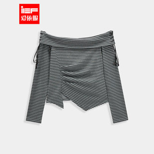 百搭气质性感女人味一字肩设计感条纹上衣 新款 IEF 爱依服2025秋季