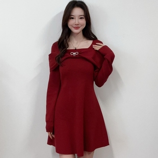 IEF/爱依服2024新款冬季毛织连衣裙时尚百搭红色裙子