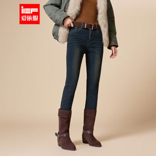 新款 子2025冬季 韩版 时尚 IEF 通勤气质百搭加绒牛仔窄脚裤 爱依服裤