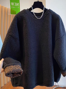 黑色超厚羊羔毛卫衣女冬圆领加绒加厚大码宽松中长款套头毛绒上衣