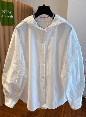 白色连帽纯棉衬衫女长袖秋季新款蕾丝拼接灯笼袖大码宽松衬衣上衣