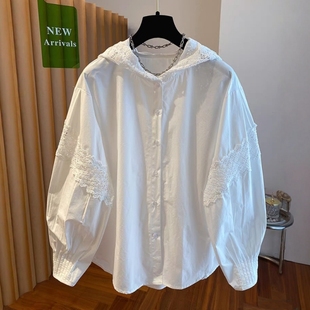 女长袖 大码 秋季 蕾丝拼接灯笼袖 宽松衬衣上衣 新款 白色连帽纯棉衬衫