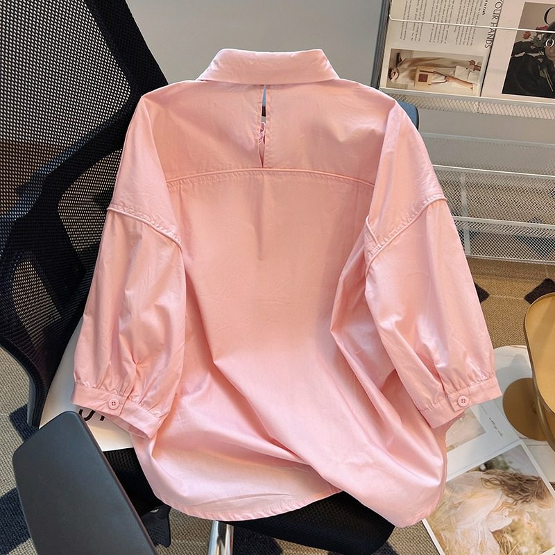 品牌折扣店专柜撤柜清仓外贸夏季粉色棉布宽松文艺范七分袖衬衫女