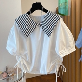 女夏海军领娃娃衫 品牌折扣专柜撤柜清仓条纹翻领下摆抽绳短袖 衬衫