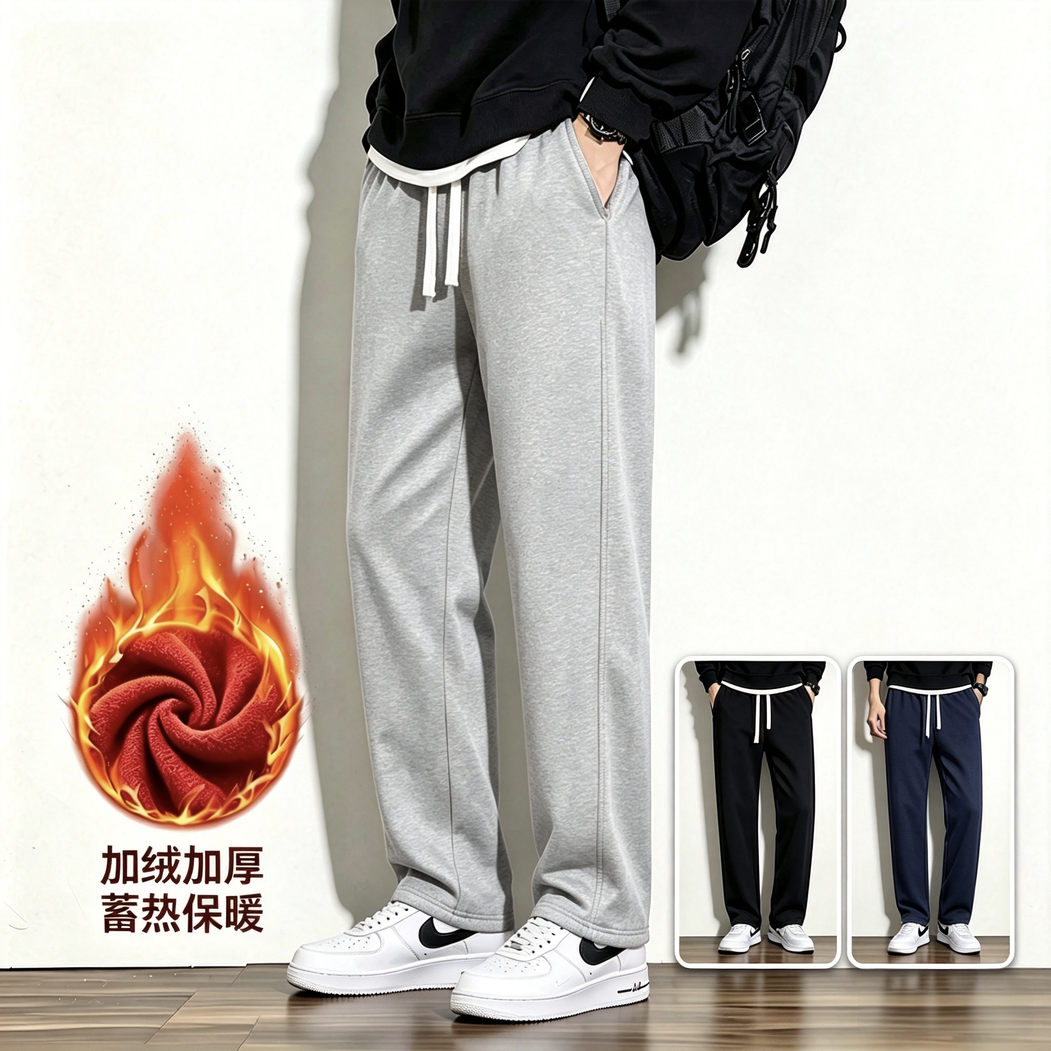 2026新款秋季针织棉运动裤男宽松冬季加绒加厚青少年直筒休闲裤子