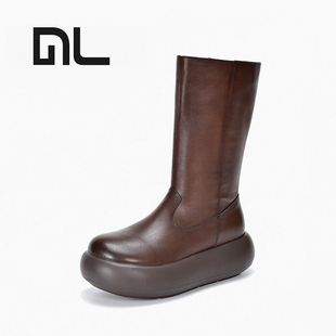 中筒靴女2025秋冬新款真皮复古百搭骑士靴松糕厚底增高烟筒皮靴子