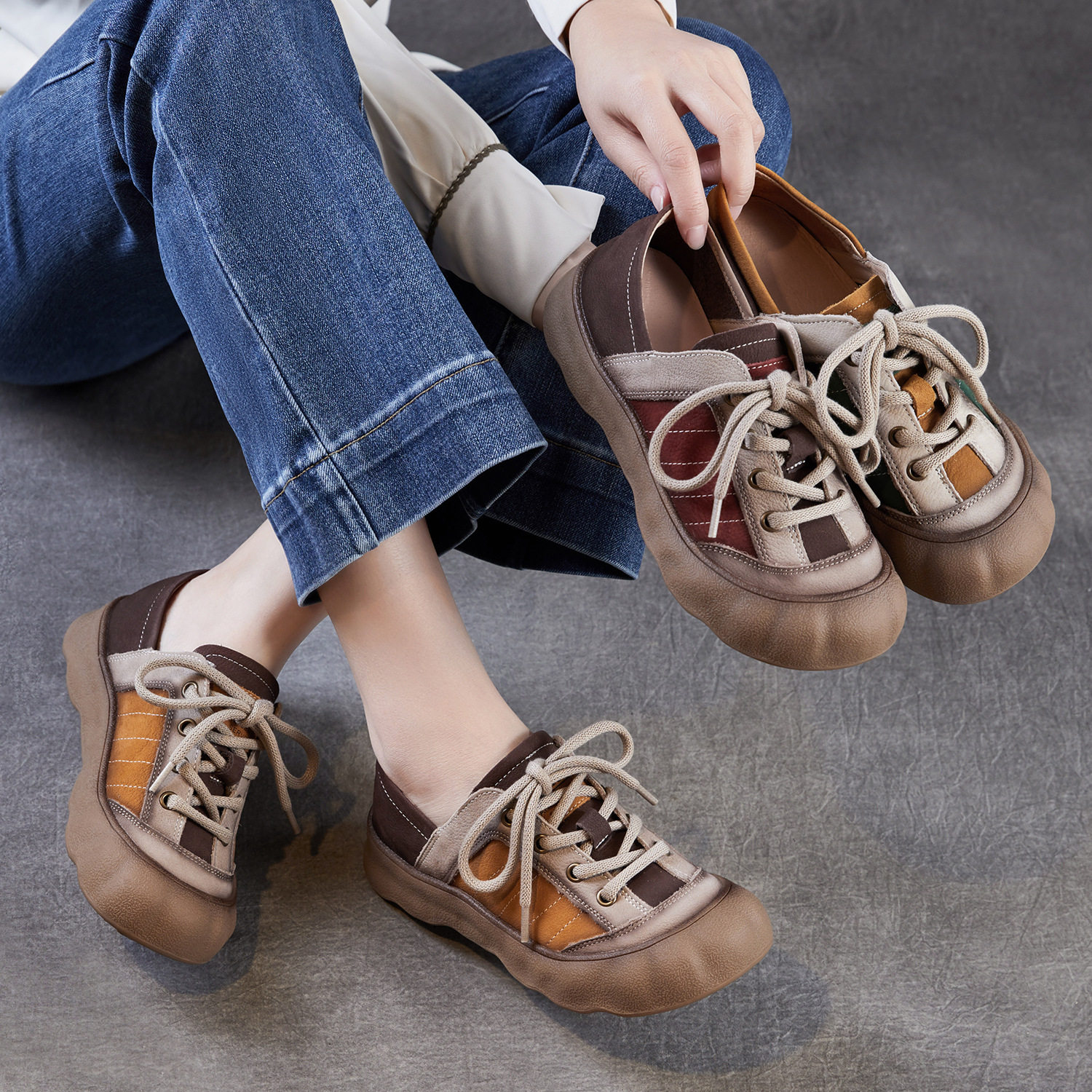头层牛皮拼色复古平底女鞋子2026春季新款舒适软底系带休闲单鞋,女鞋,时尚休闲鞋,淘宝优惠券,粉丝福利购,淘宝优惠卷