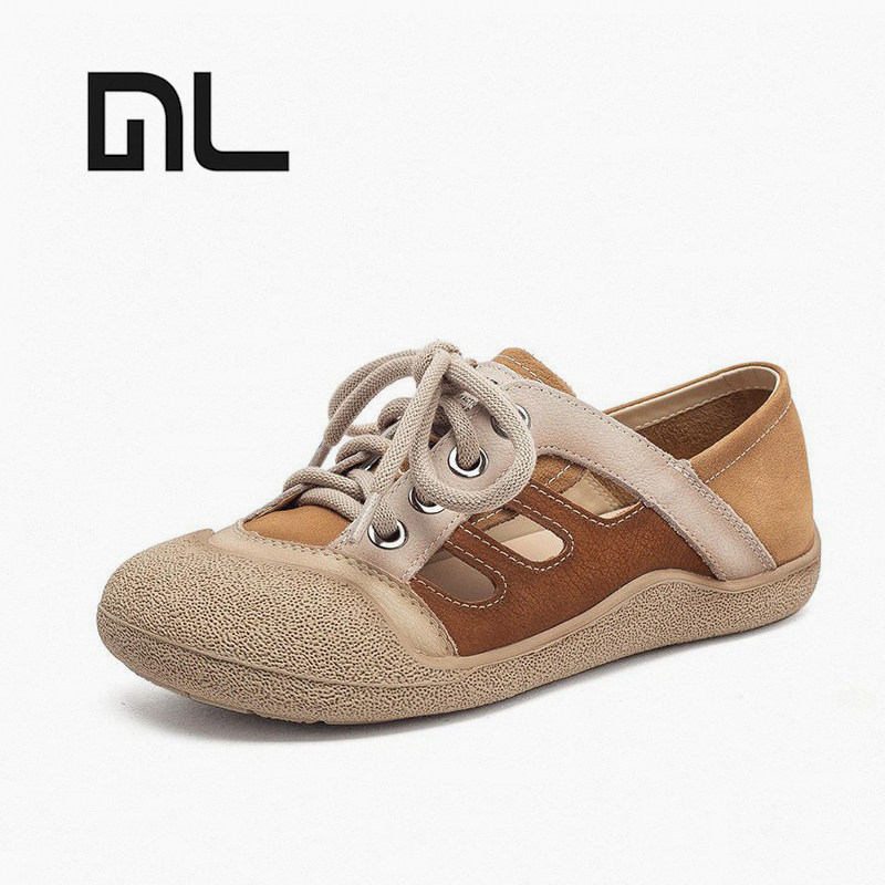 真皮拼色镂空单鞋女2026春夏新款复古文艺软底系带凉鞋两穿休闲鞋,女鞋,时尚休闲鞋,淘宝优惠券,粉丝福利购,淘宝优惠卷