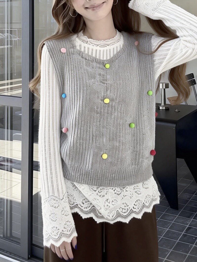 春季彩色毛球叠穿针织背心马甲女白色内搭蕾丝打底衫洋气两件套装