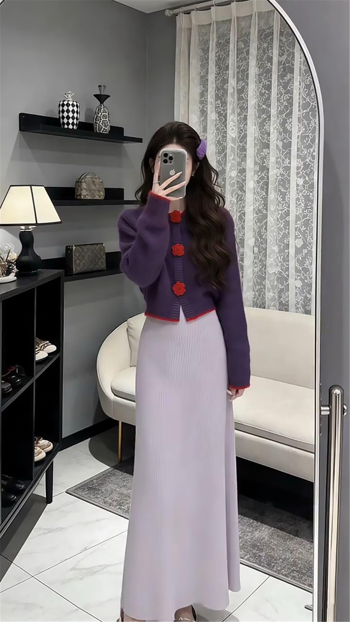 韩系巨好看穿搭一整套2026新款紫色毛衣针织连衣裙女秋冬长裙套装