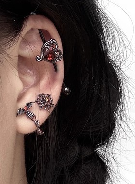 恶魔契约暗黑耳桥钉爱心红锆石长耳钉朋克风性感高档耳骨钉耳饰