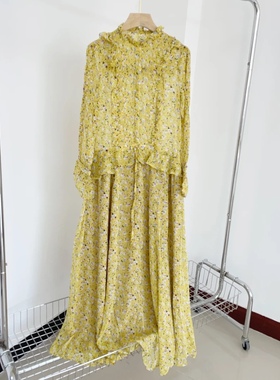 Z-2 春秋新款法式收腰显瘦黄色花长款连衣裙