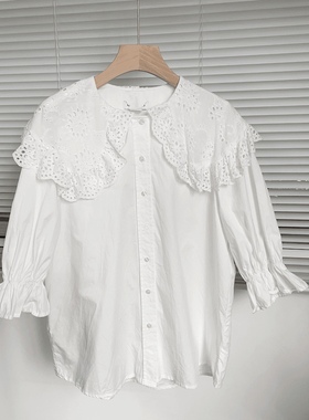 A-5 白色镂空领休闲棉质休闲衬衫