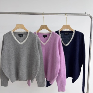 Z-1 手钩花领三色V领唯美宽松针织毛衣