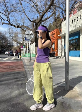 Z-23 素家黄绿色带格纹锦纶速干休闲裤