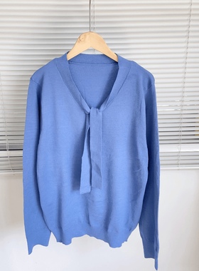 Z-22 系带细腻针织蓝色休闲高弹力打底针织衫