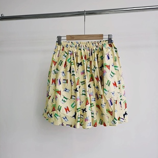 I212 黄色印花百褶双口袋休闲半身裙