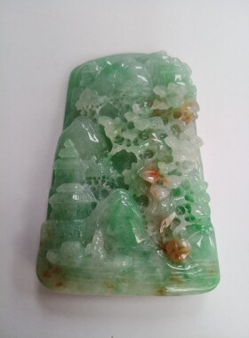 缅甸A货天然翡翠玉红绿双彩方山水牌吊坠 挂件