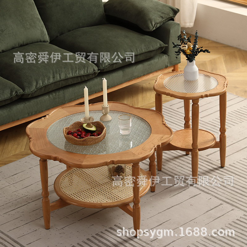复古樱桃实木茶几简约客厅家具中古风小户型圆几海棠玻璃花边