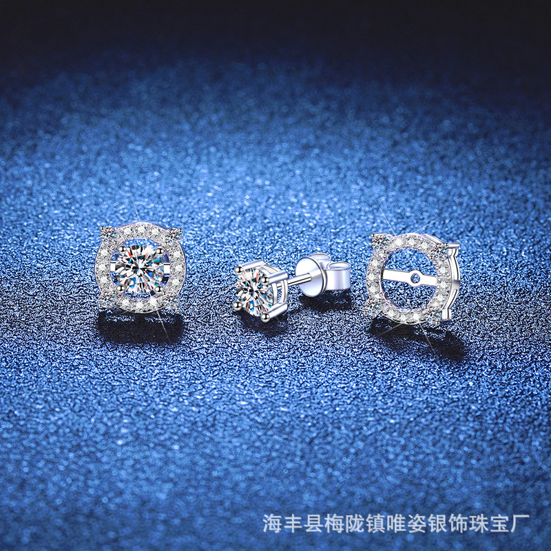 S925纯银莫桑石耳钉女一款两戴欧美轻奢时尚百搭皇冠四爪耳钉