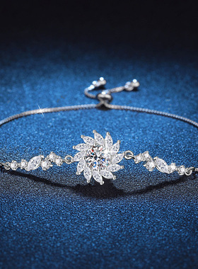 跨境925纯银手链女莫桑石豪华摧残太阳花1克拉莫桑石手链可调节