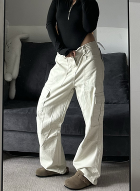 SSLstudio米白色工装裤男美式高街宽松直筒阔腿伞兵户外休闲裤子