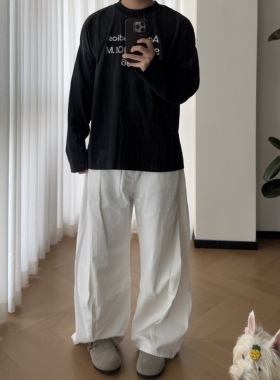 SSLstudio白色解构弯刀休闲裤男宽松直筒美式通勤黑色阔腿工装裤