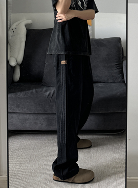 SSLstudio美式侧边条纹休闲裤男春夏季宽松直筒长裤高街直筒阔腿