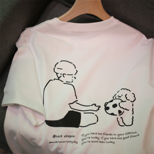 陪小狗踢足球 原创新款可爱狗狗简笔画印花宽松纯棉男女短袖T恤潮