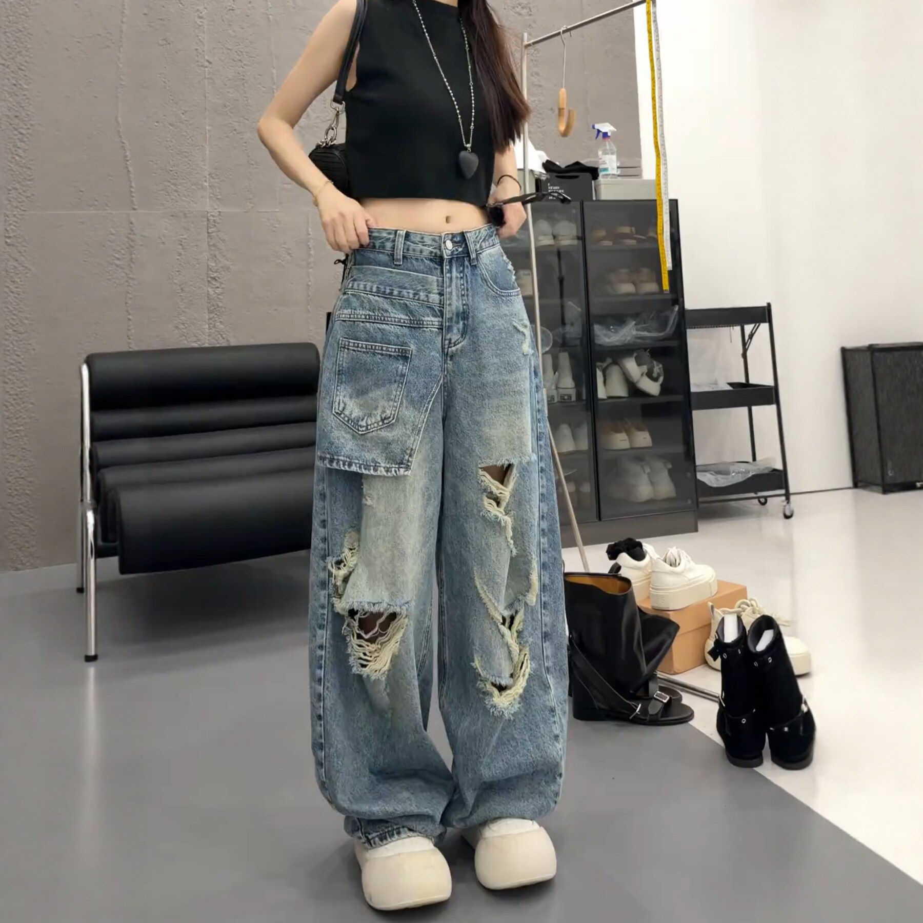 破洞直筒牛仔裤女夏季薄