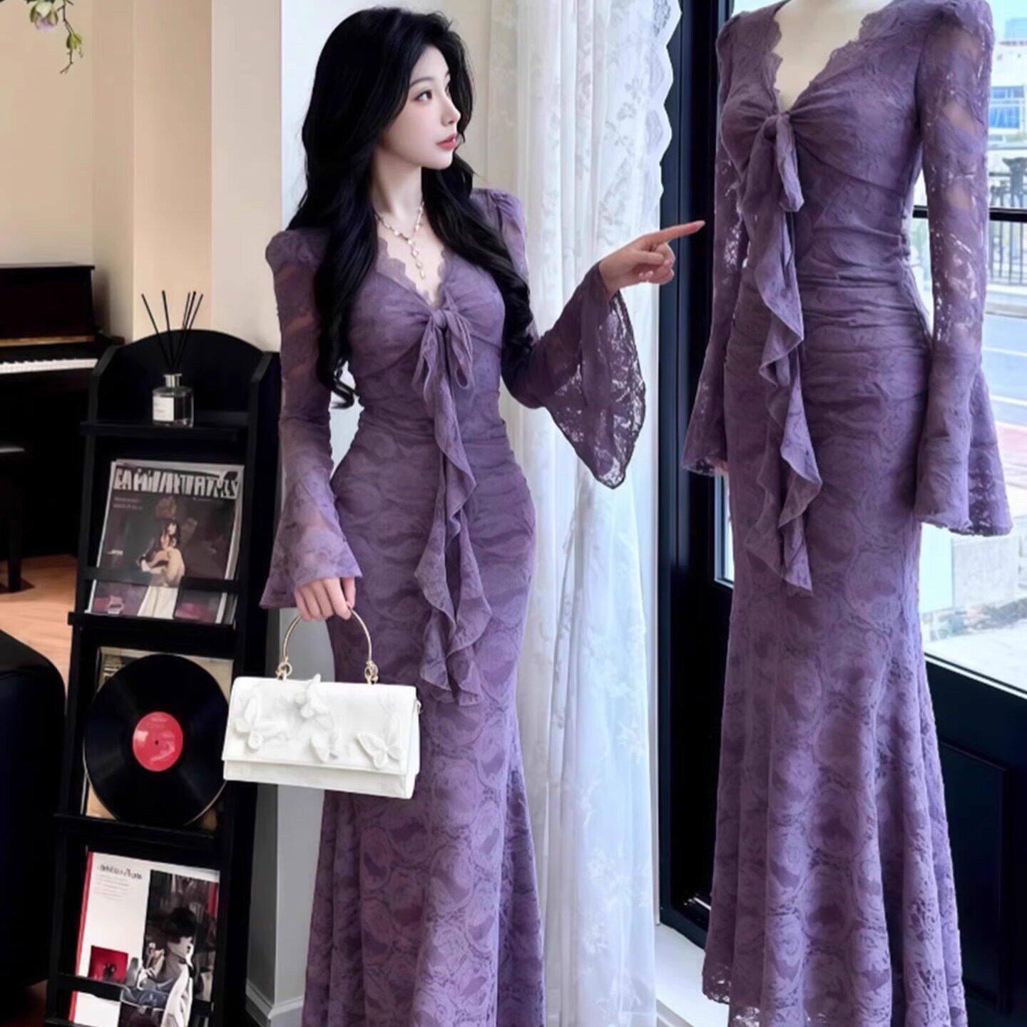 紫色V领蕾丝洋装女春季紧