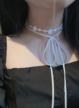 夏季新款白色蕾丝双层项链蝴蝶结仙女choker项圈锁骨链小花颈带