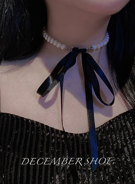 春夏新款丝带珍珠蝴蝶结锁骨链纯欲绑带项圈脖子饰品街拍配搭个性